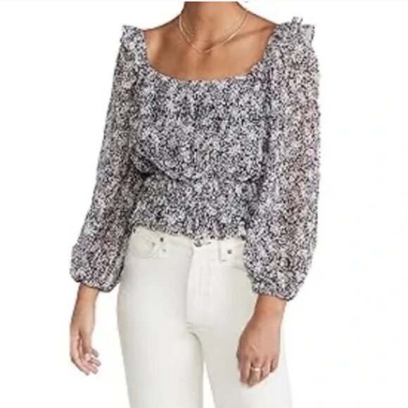 Astr Tops - ASTR the Label Ditsy Floral Square Neck Button Down Black Floral Blouse